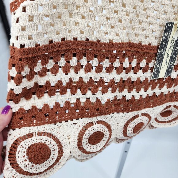 Ultra Pink Womens L Crochet Top Pants Set Boho 2 Piece Outfit Brown Cream Knit - Picture 3 of 11